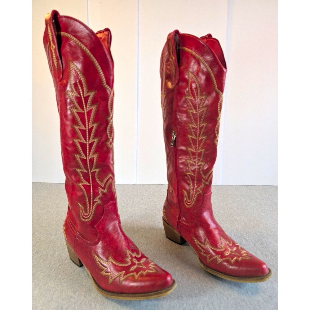 Women’s Red Leather Western Cowboy Boots Side Zip Embroidered Stitching US 9